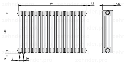 Схема (чертеж) Радиатор Zehnder Charleston 4120/19 №3370 Белый глянцевый RAL 9016